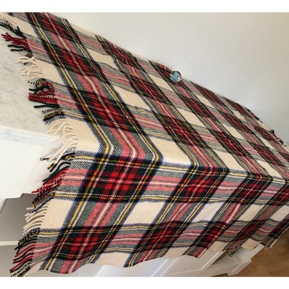 House Of Scotland All Wool Plaid Blanket 65” X 56” Red Cream Yellow - Picture 1 of 5